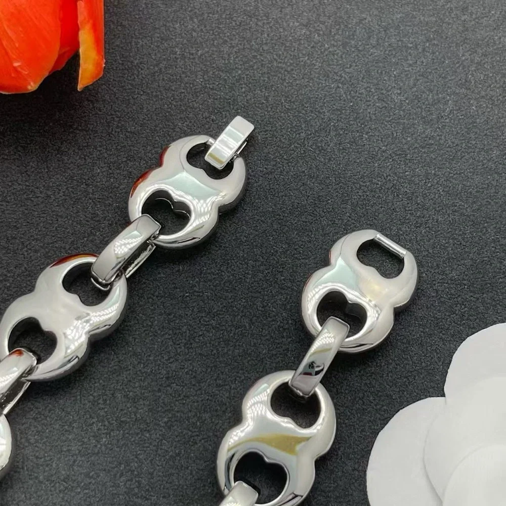 Tory Burch Polished Silver-Link Logo Bracelet